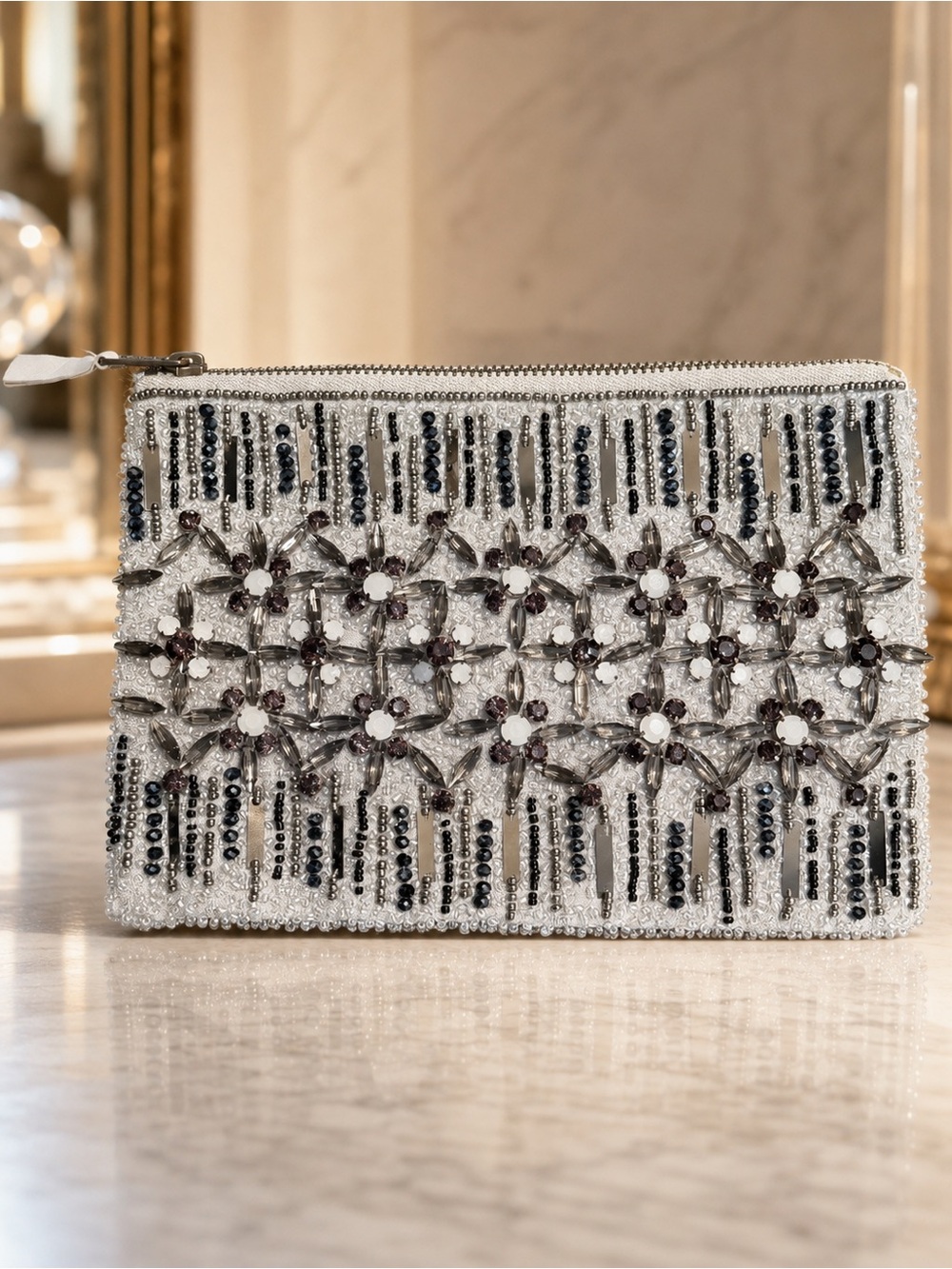 Anthropologie Silver Beaded Crystal Floral Zipper Pouch/ Bag